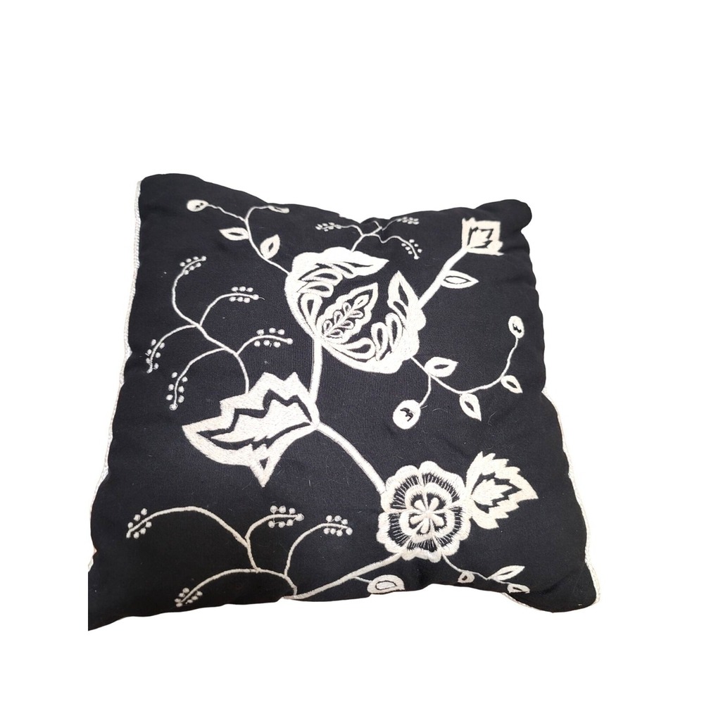 Black & White Floral Embroidered Throw Pillow Cushion 15" x 15"